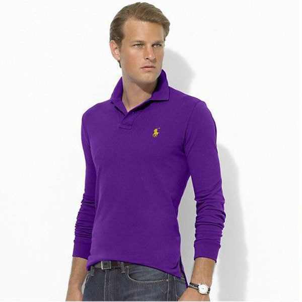 2022新款Ralph Lauren 時尚單品 黃色刺繡小馬標 素色純棉 男款長袖polo衫 紫色